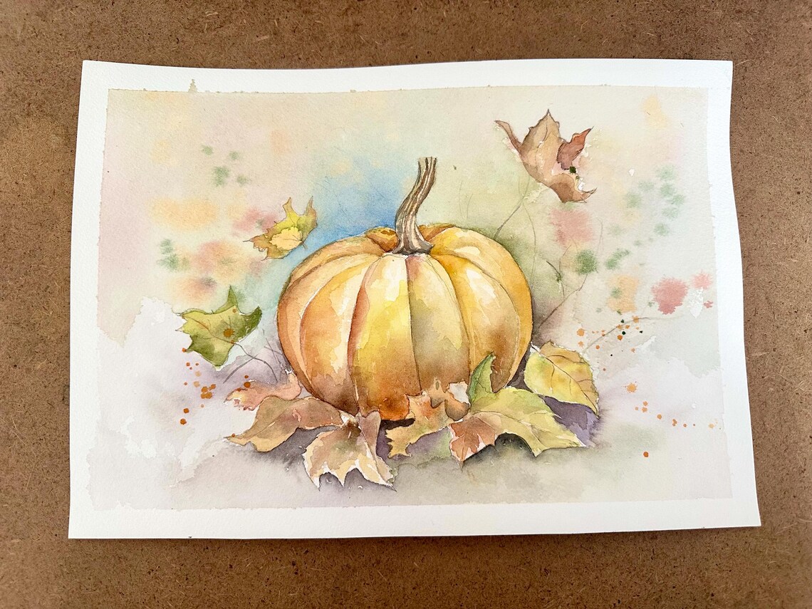 Golden Harvest Pumpkin with Falling Autumn Leaves Watercolor Poster - Image 3