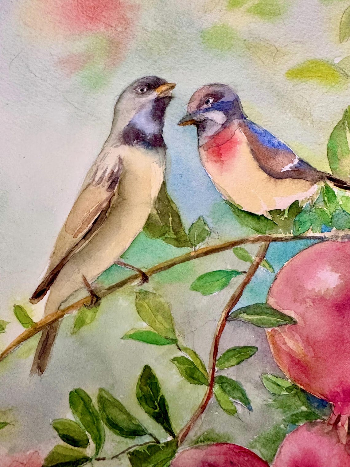 Two Songbirds Among Ripe Pomegranates Watercolor Orchard Poster - Image 4