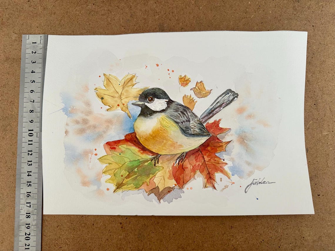 Chickadee Among Colorful Autumn Maple Leaves Watercolor Poster - Image 4