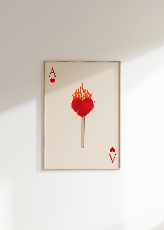 Ace of Hearts Playing Card Art Flaming Heart Match Trendy Red Minimalist Print