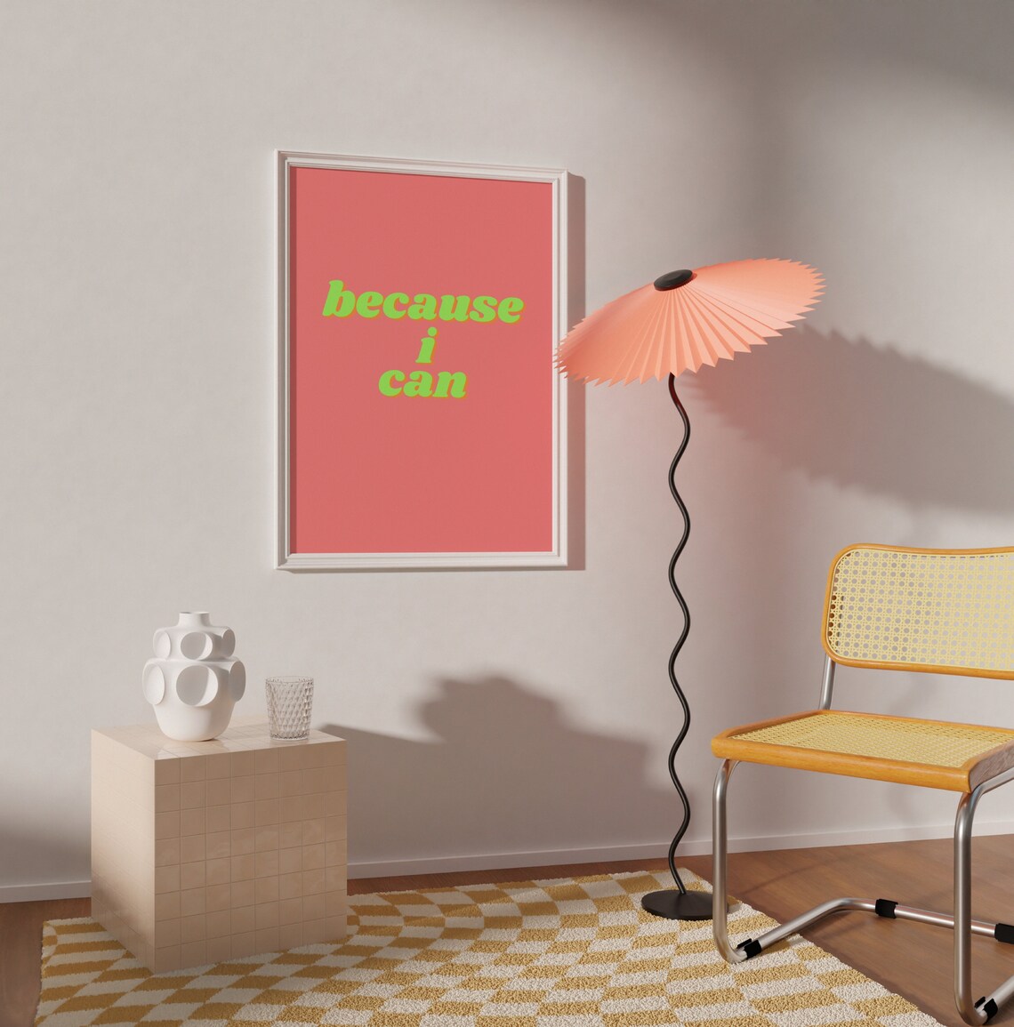 Because I Can Neon Green Bold Typography Coral Red Quote Poster - Image 2