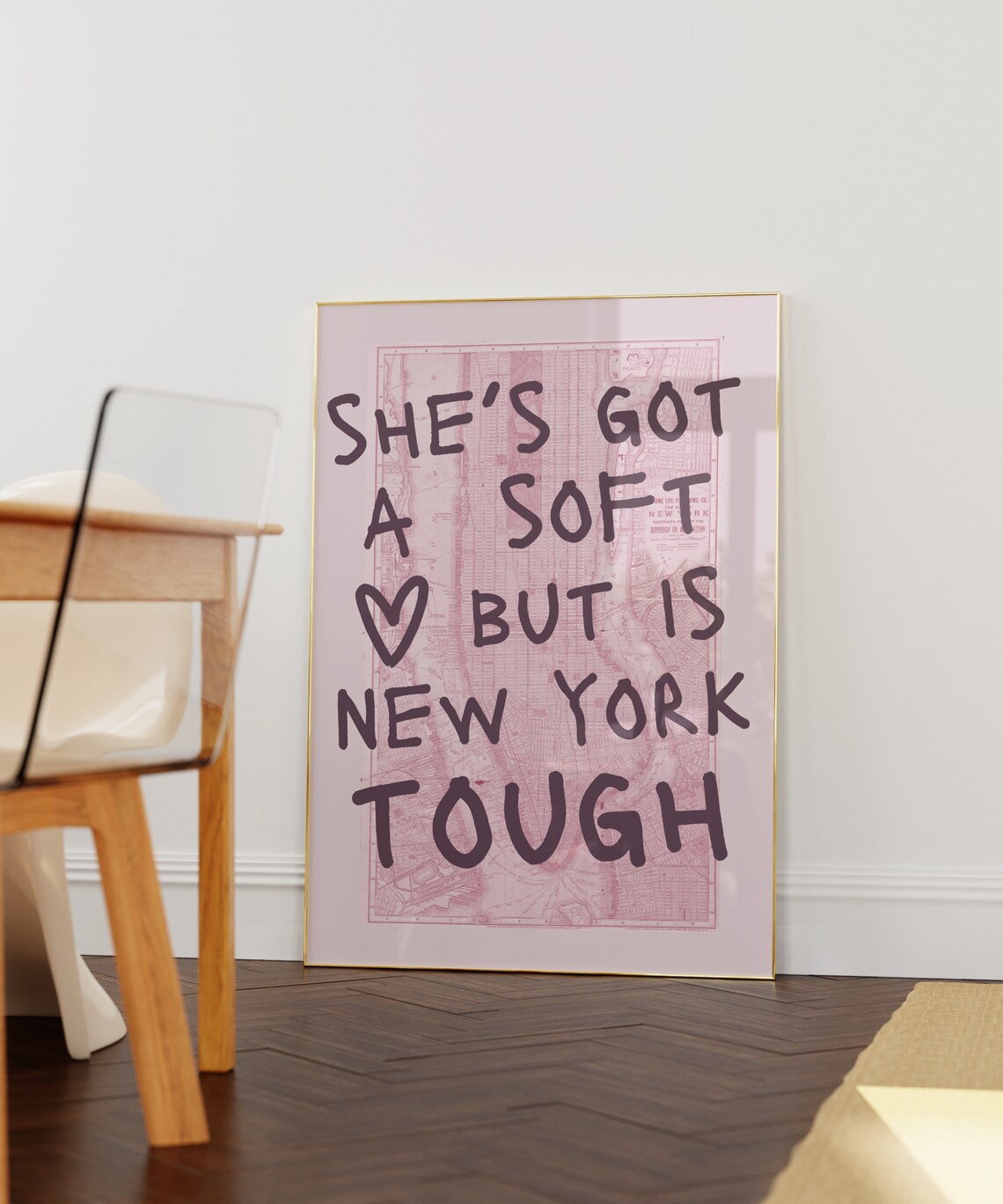 She's Got A Soft Heart But Is New York Tough Pink Map Quote Poster - Image 2