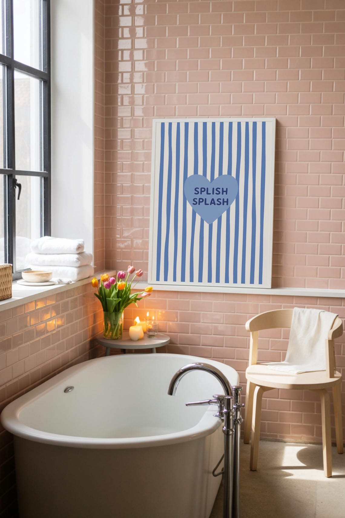 Splish Splash Blue Striped Heart Kids Bathroom Fun Quote Wall Print