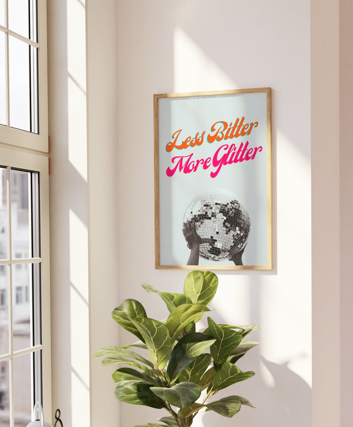 Less Bitter More Glitter Disco Ball Retro Script Typography Poster - Image 3