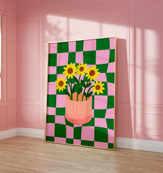 Sunflowers Vase Physical Poster Maximalist Trendy Checkered Wall Art Cute Living Room Dopamine Decor Girlie Floral