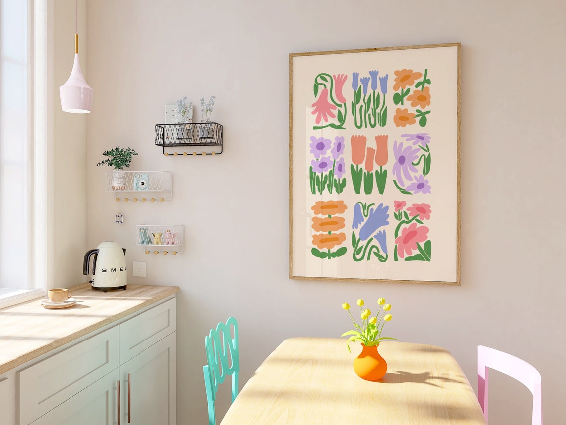 Retro Pastel Funky Nine Flower Grid Preppy Botanical Wall Poster - Image 3