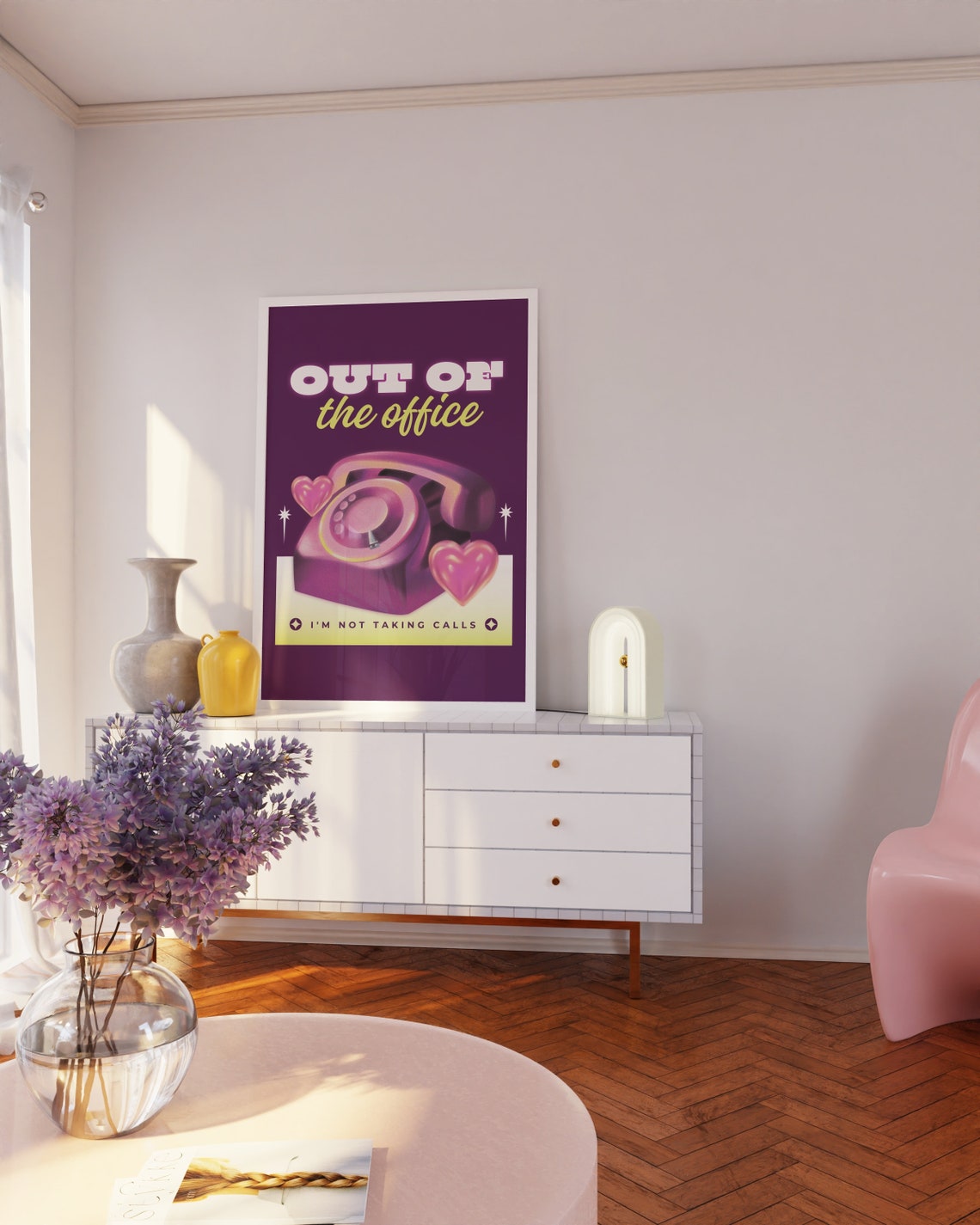Out Of The Office Retro Phone Purple Funny Work Boundary Poster - Image 2
