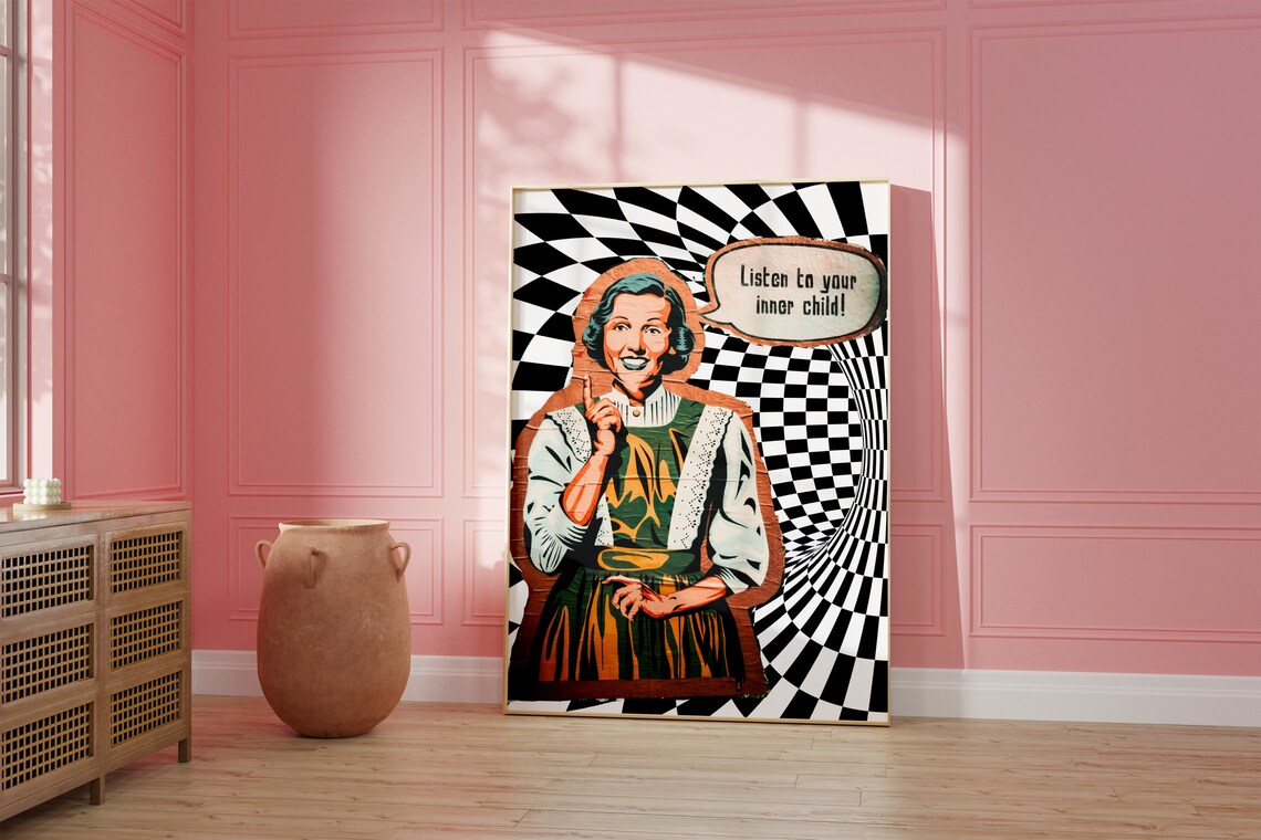 Listen To Your Inner Child Retro Lady Op Art Checkered Poster - Image 3