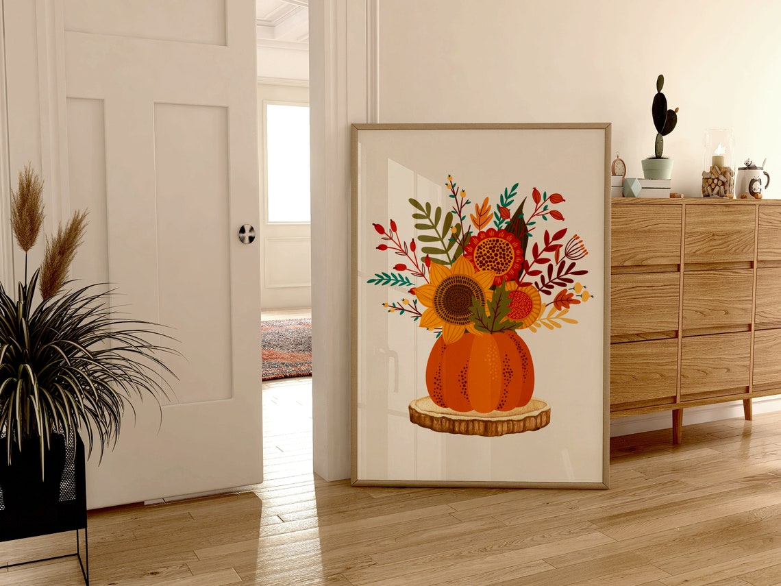 Pumpkin Vase Sunflower Fall Bouquet Autumn Botanical Art Poster - Image 3