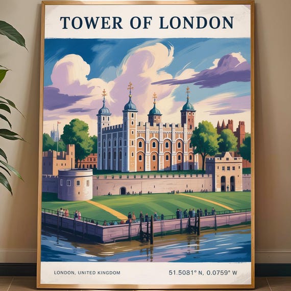 Tower Of London Poster Blue And Green Illustration Contemporary Landmark Art English Travel Decor For Enthusiasts