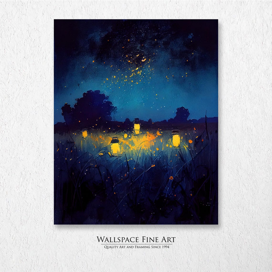 Fireflies and Glowing Lanterns in Summer Night Meadow Painting Poster