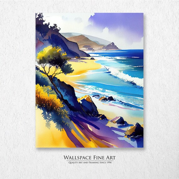 Coastal Bluff Ocean View Watercolor Cliffs Beach Waves Seascape Art Poster