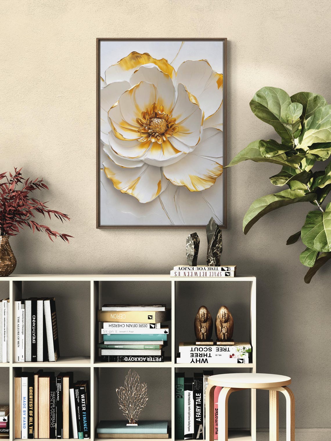 White Gold Impasto Flower 3D Textured Elegant Botanical Art Poster