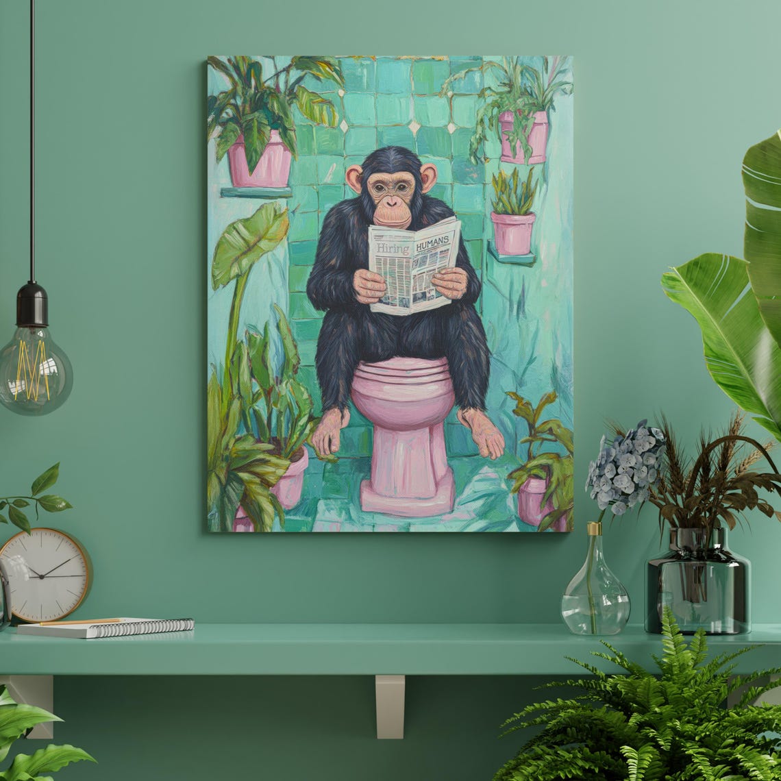 Chimpanzee Reading Newspaper on Toilet Funny Bathroom Animal Poster - Image 2