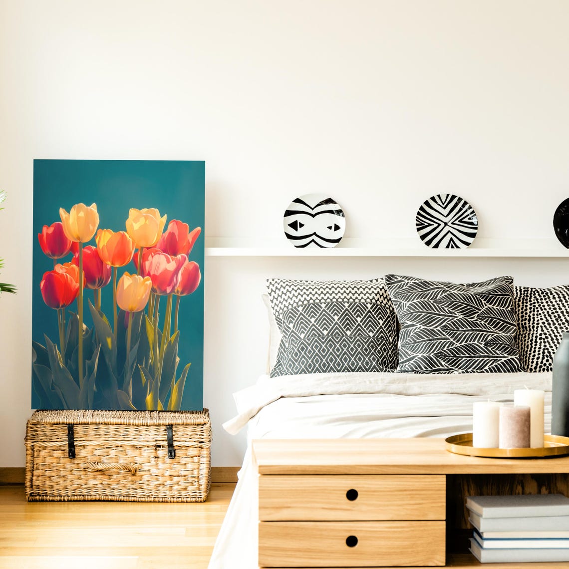 Red Yellow Tulips On Deep Teal Backlit Dramatic Floral Art Poster - Image 3
