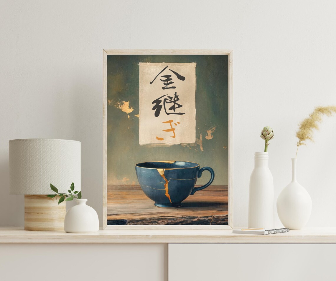 Kintsugi Tea Cup With Gold Seams Japanese Calligraphy Wabi Sabi Poster