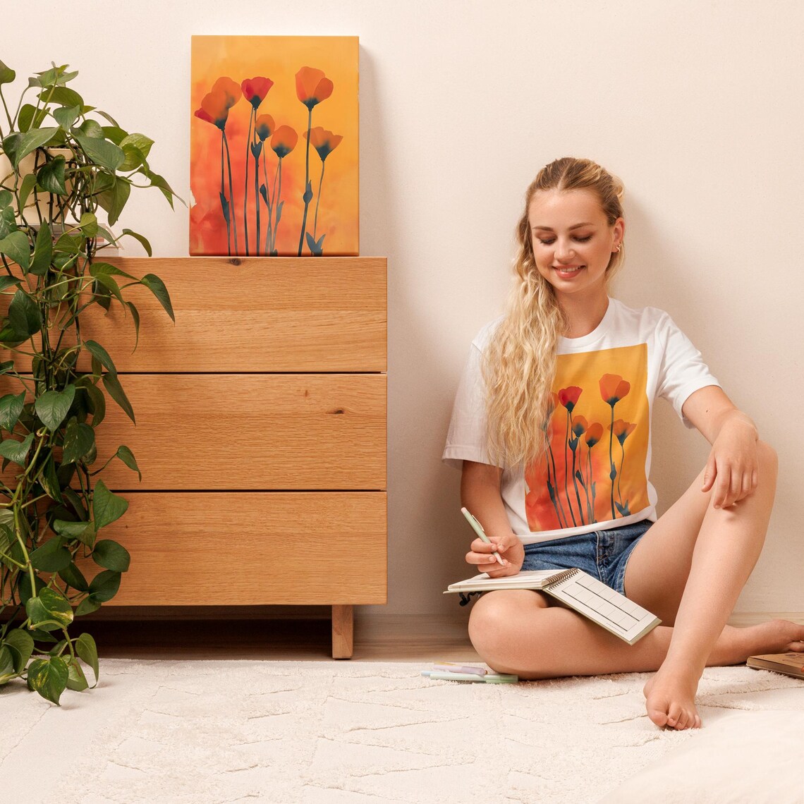 Tall Orange Poppies on Golden Watercolor Wash Modern Floral Art Poster - Image 3