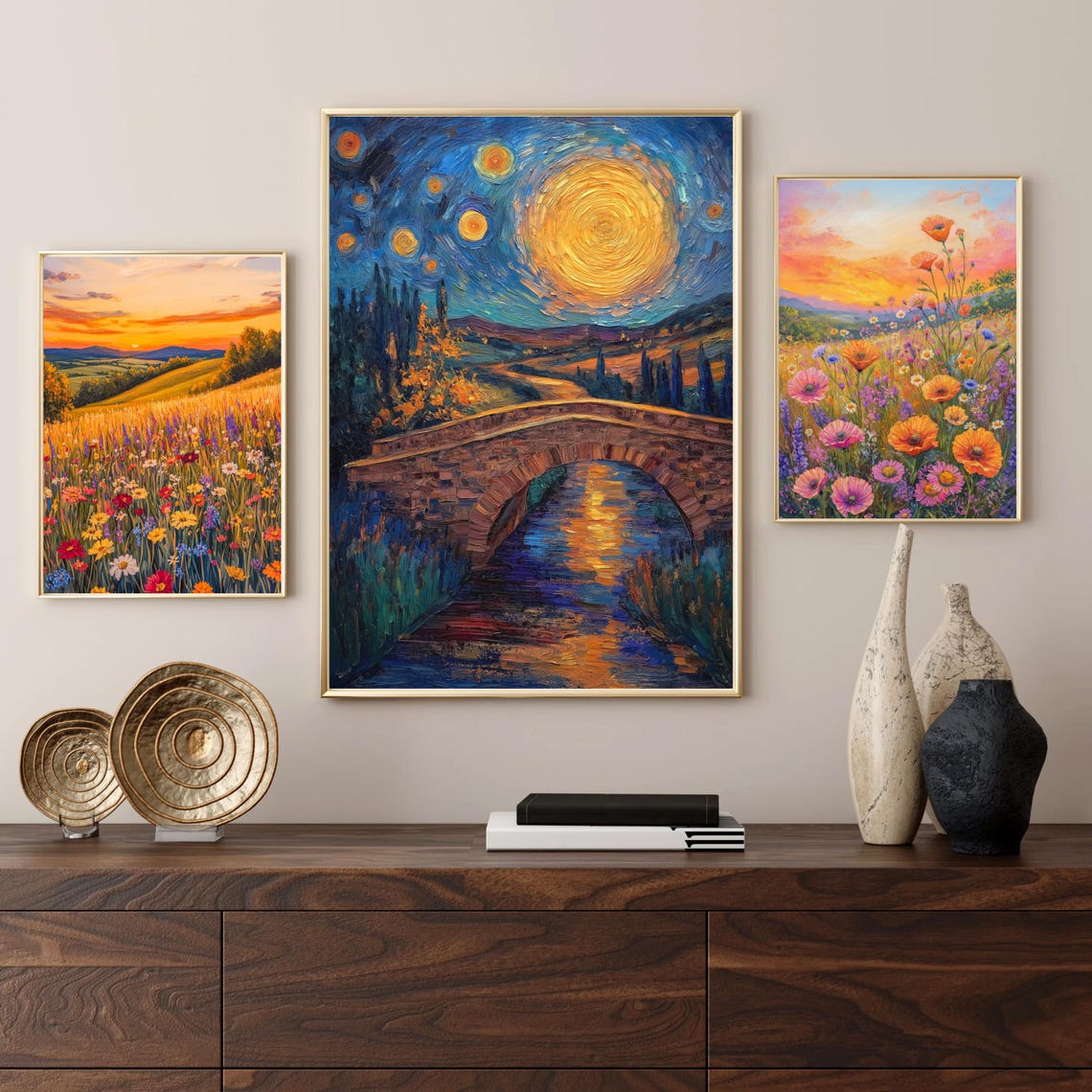 Van Gogh Style Starry Night Bridge Moonlit River Impressionist Poster - Image 4