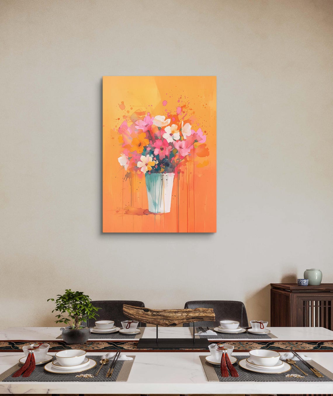 Bold Floral Still Life Print Unframed Abstract Expressionism Artwork With Pink Orange Blossoms Vibrant Modern Wall Art Decor - Image 3