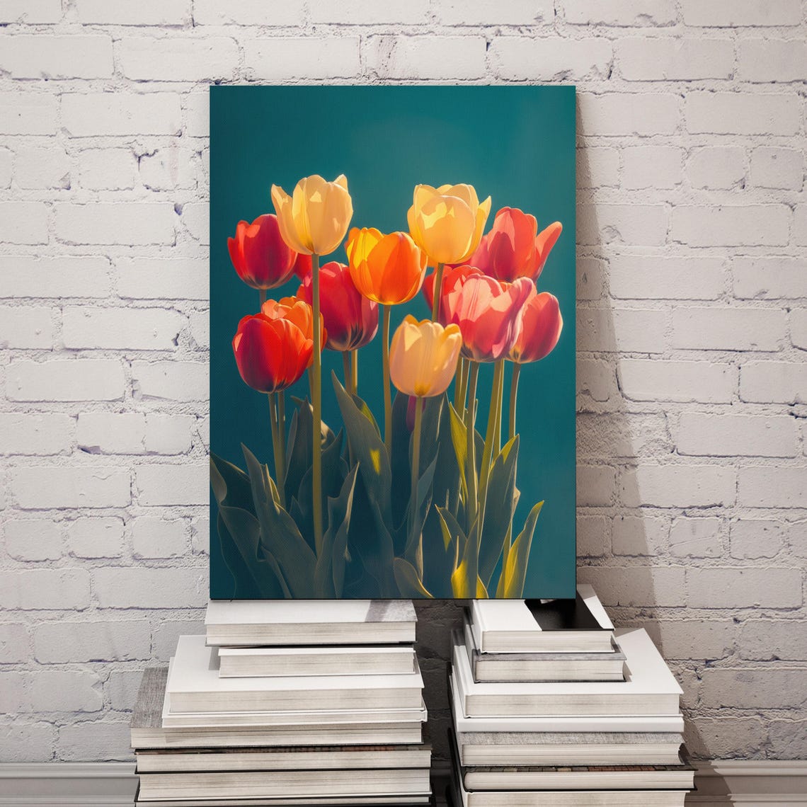 Red Yellow Tulips On Deep Teal Backlit Dramatic Floral Art Poster - Image 2