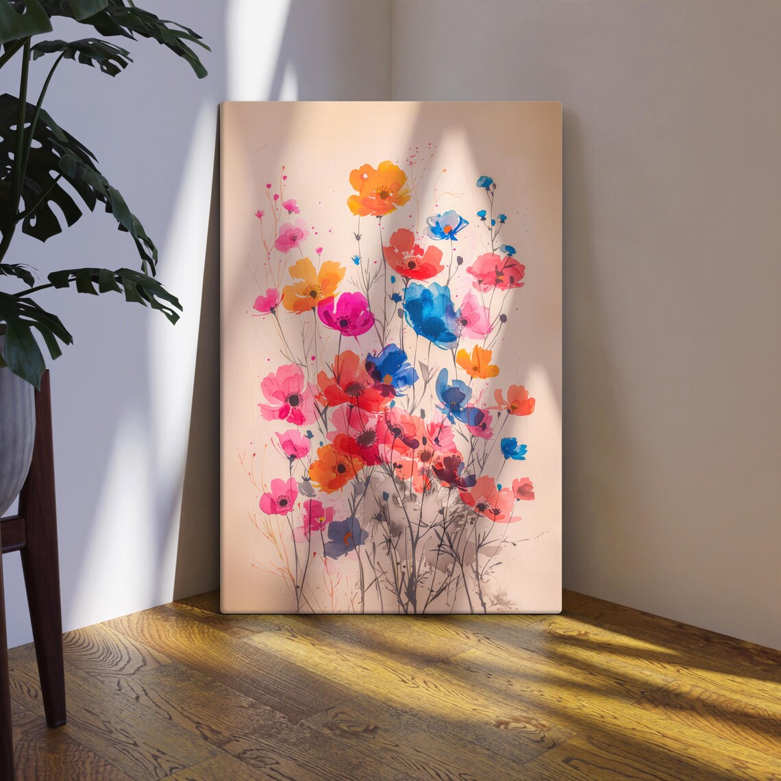 Vibrant Wildflower Bouquet Watercolor Pink Orange Blue Floral Poster