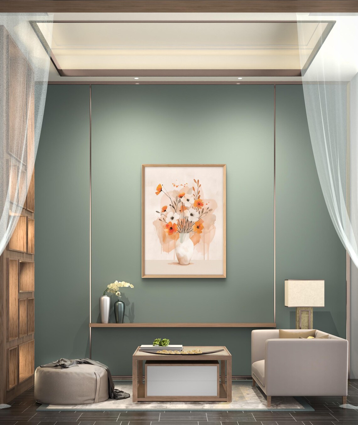 Neutral Watercolor Floral Still Life Orange White Blossoms Vase Poster - Image 2
