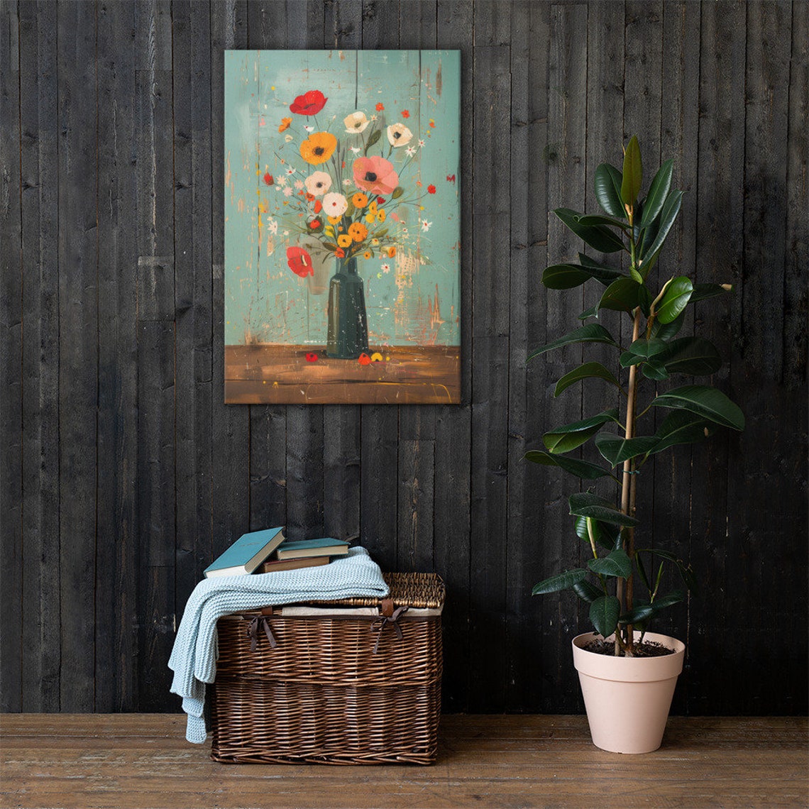 Rustic Flower Bouquet Vase Teal Still Life Country Farmhouse Poster - Image 5