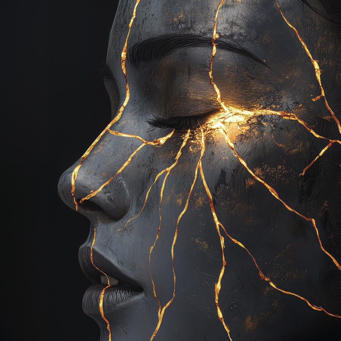 Kintsugi Woman Face Gold Cracked Black Zen Noir Dramatic Art Poster - Image 4
