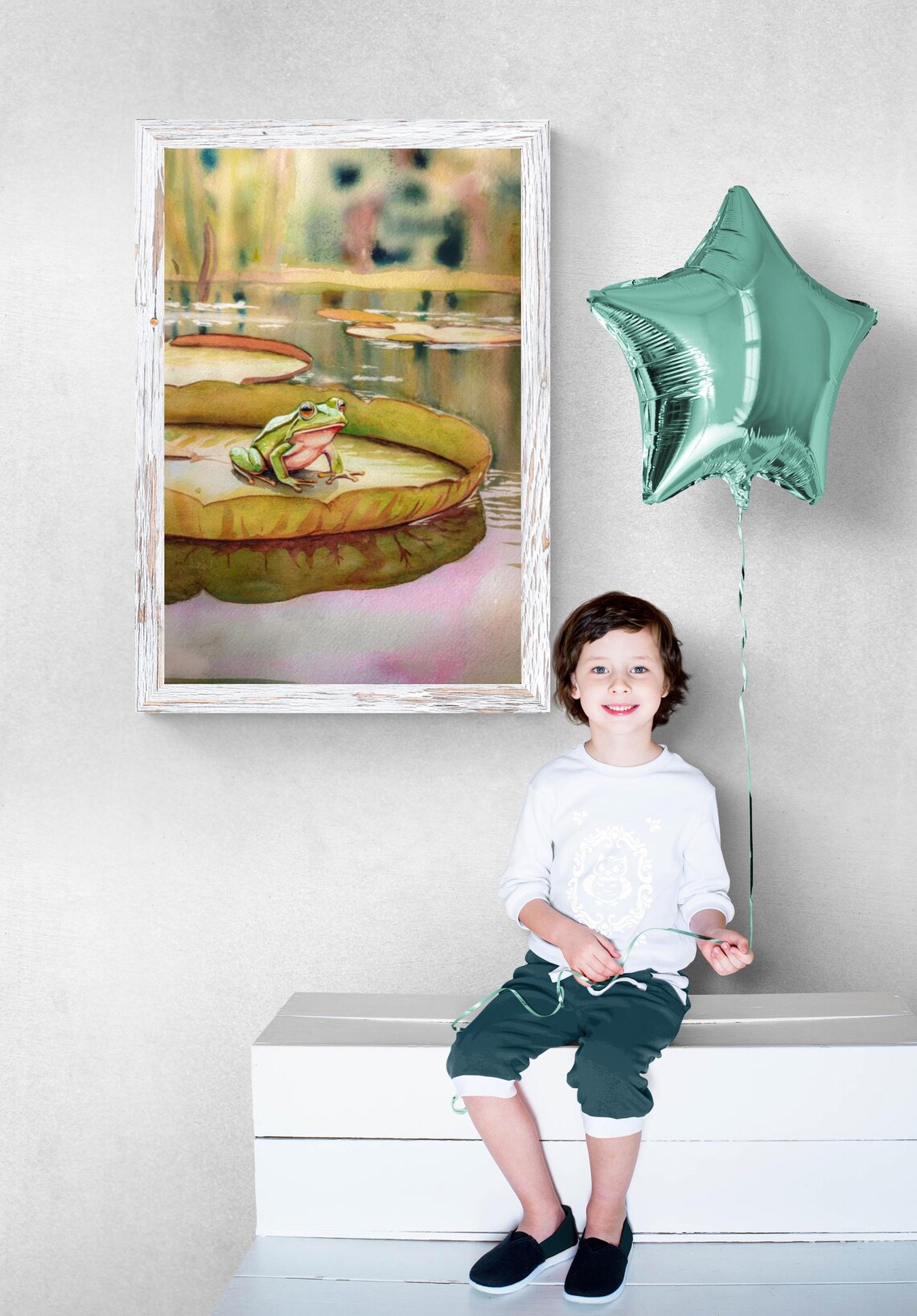 Green Frog on Lily Pad Watercolor Pond Nature Kids Room Poster - Image 5