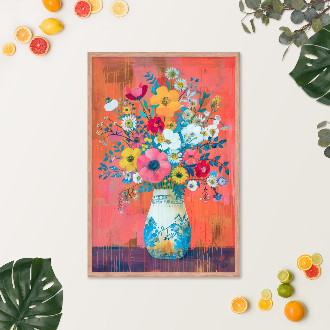 Vibrant Wildflower Bouquet in Blue Vase on Coral Background Art Poster - Image 3