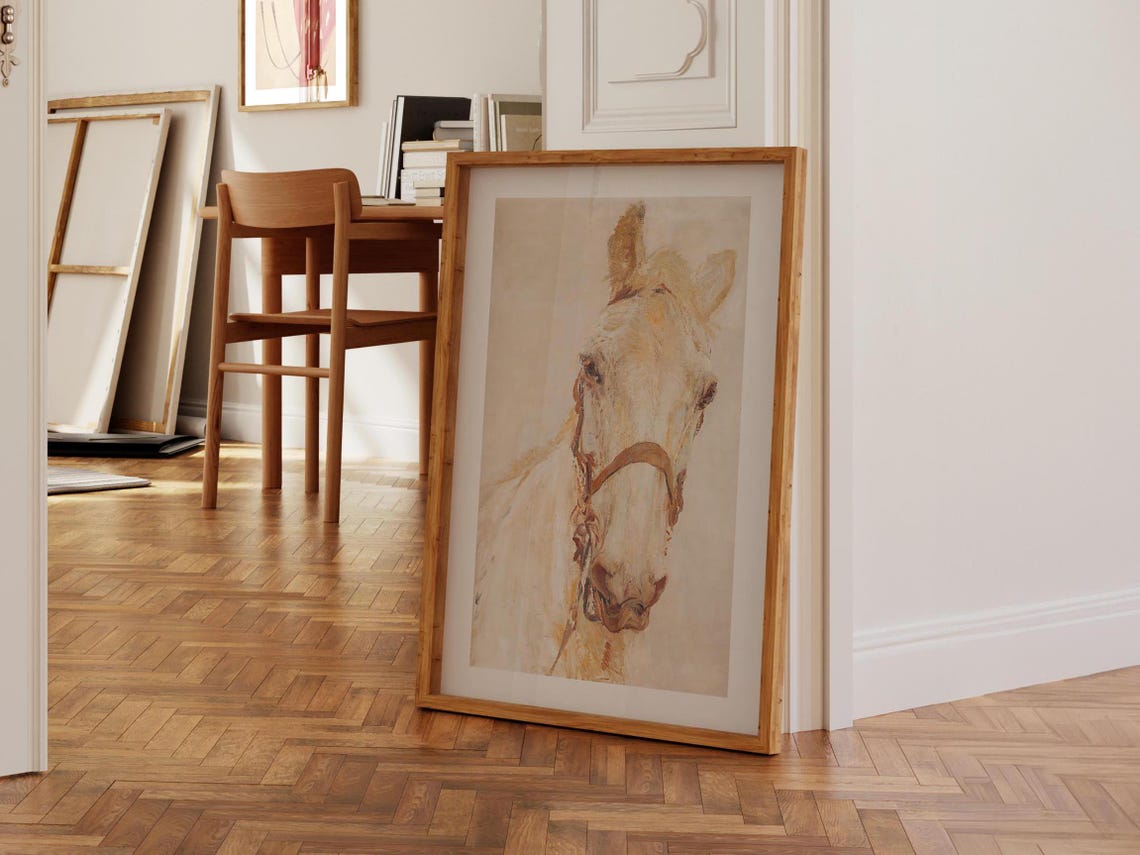 White Horse Head Vintage Equestrian Portrait Neutral Wall Poster - Image 3
