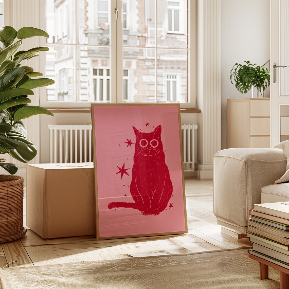 Red Cat Stars Pink Background Whimsical Cat Lover Art Poster - Image 7