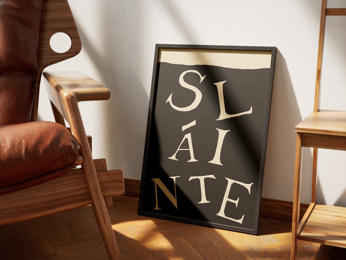 Slainte Irish Cheers Typography Black Cream Home Bar Wall Art - Image 4