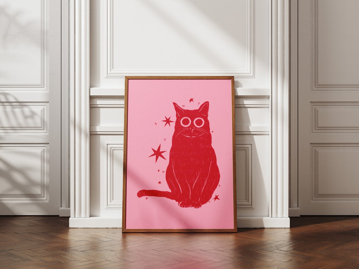 Red Cat Stars Pink Background Whimsical Cat Lover Art Poster - Image 3