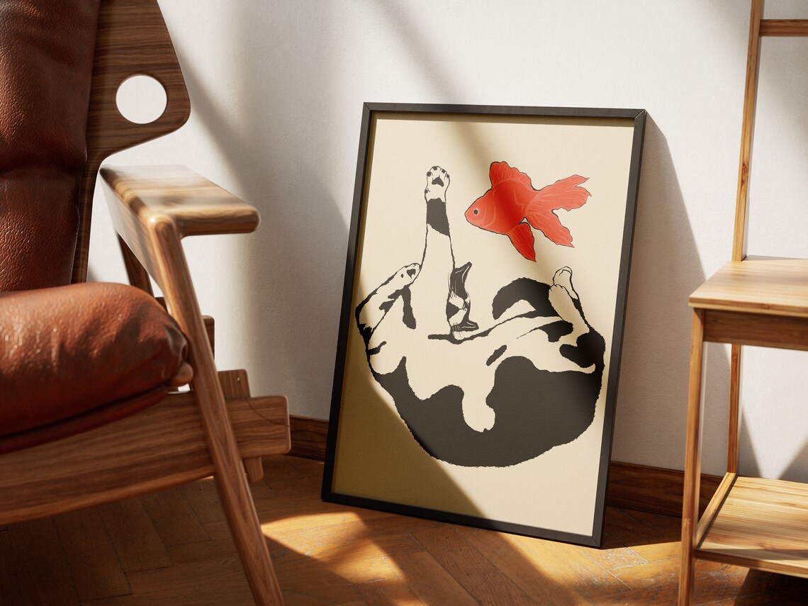 Playful Cat Reaching Red Goldfish Black White Funny Cat Poster - Image 4