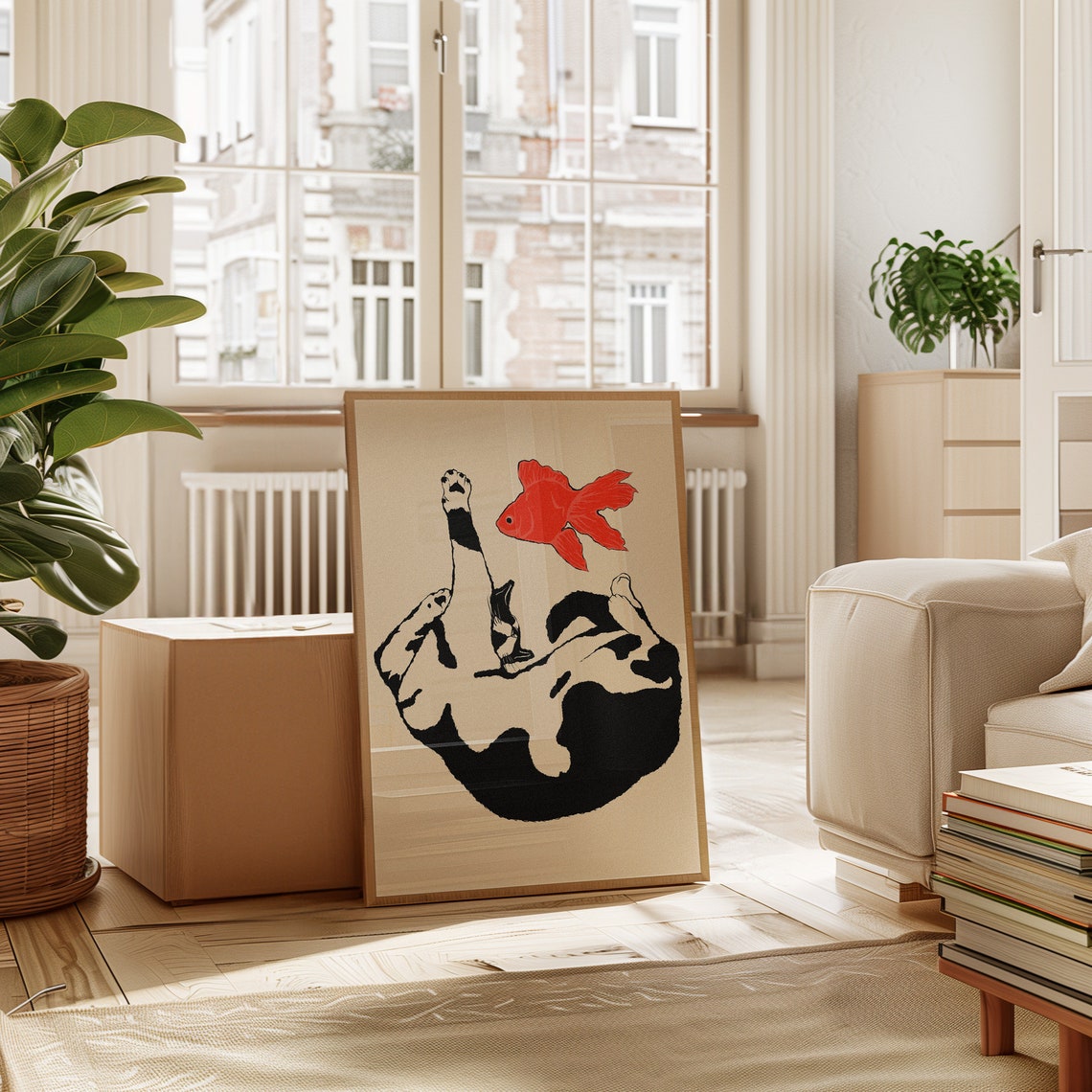 Playful Cat Reaching Red Goldfish Black White Funny Cat Poster - Image 7