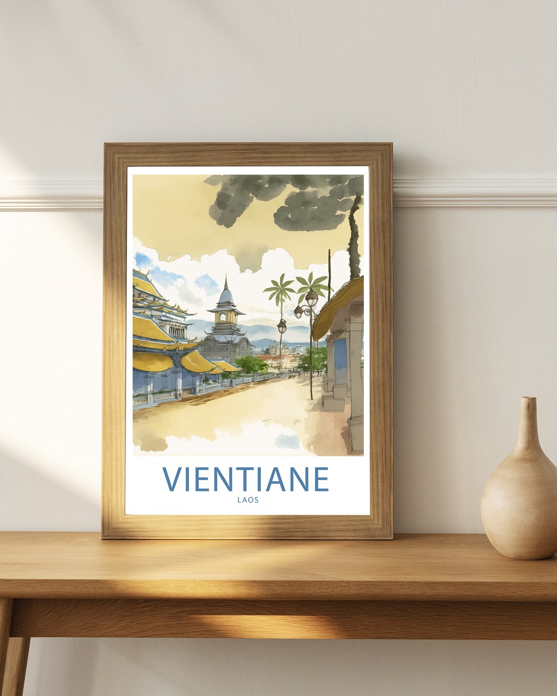 Vientiane Laos Golden Temple Terrace Palm Trees Watercolor Poster - Image 4