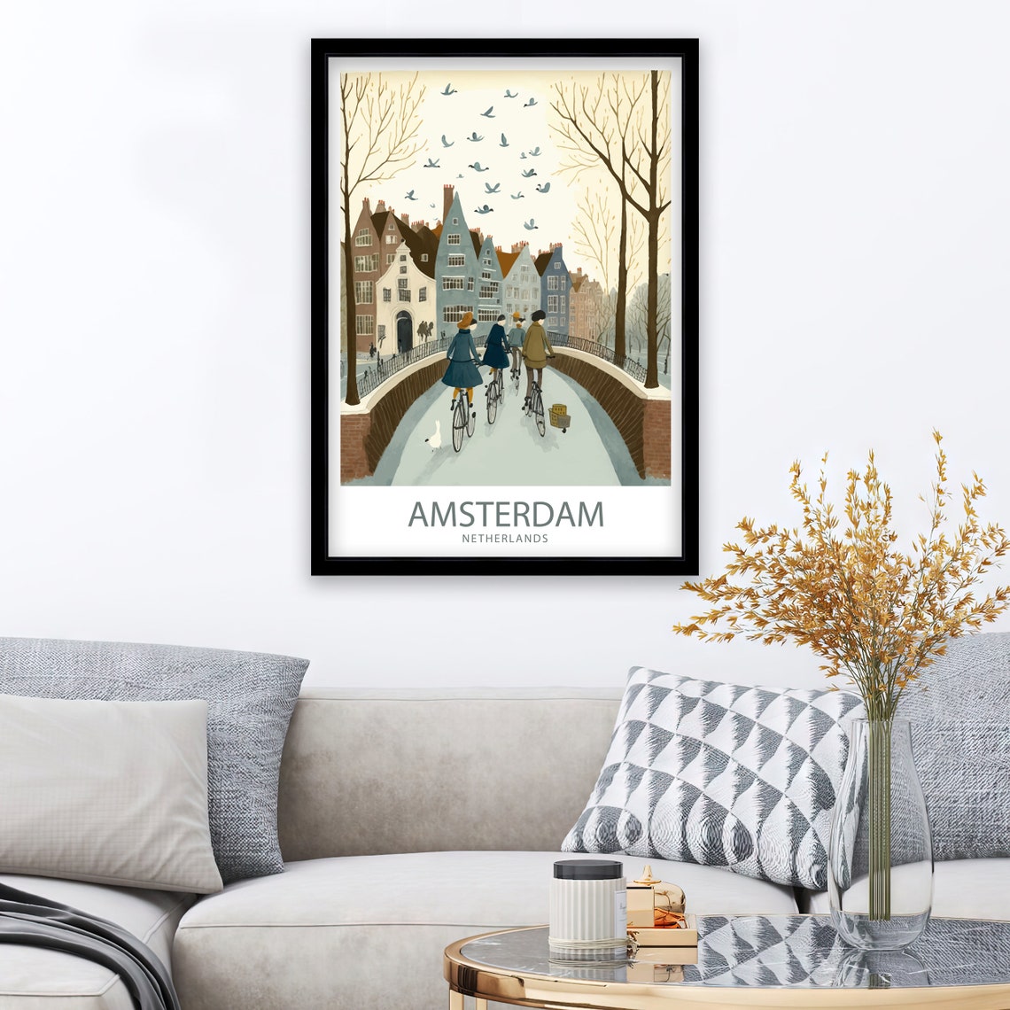 Amsterdam Netherlands Winter Canal Bridge Cyclists Art Poster - Image 2