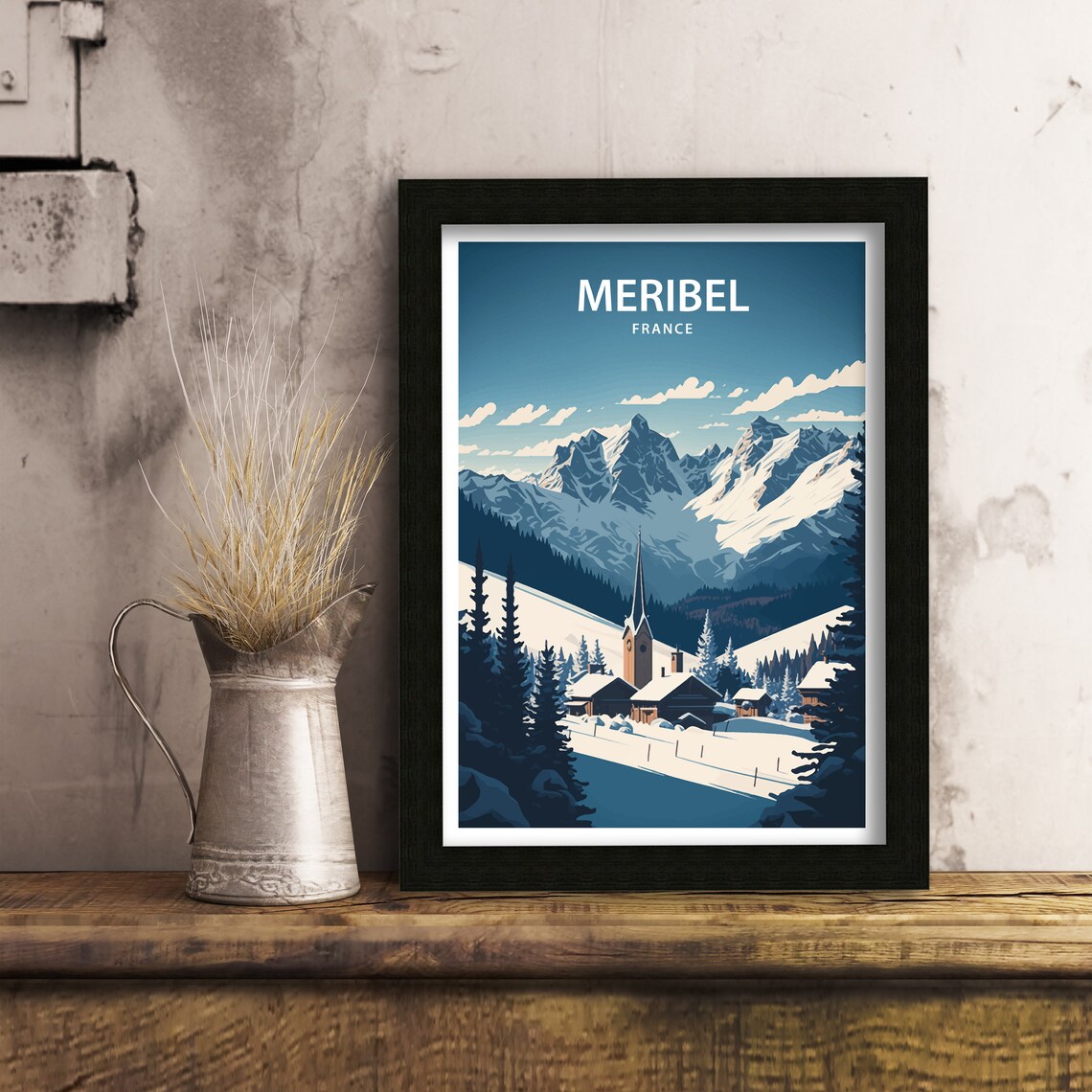 Meribel France Church Spire Snowy Village Winter Mountain Poster - Image 4