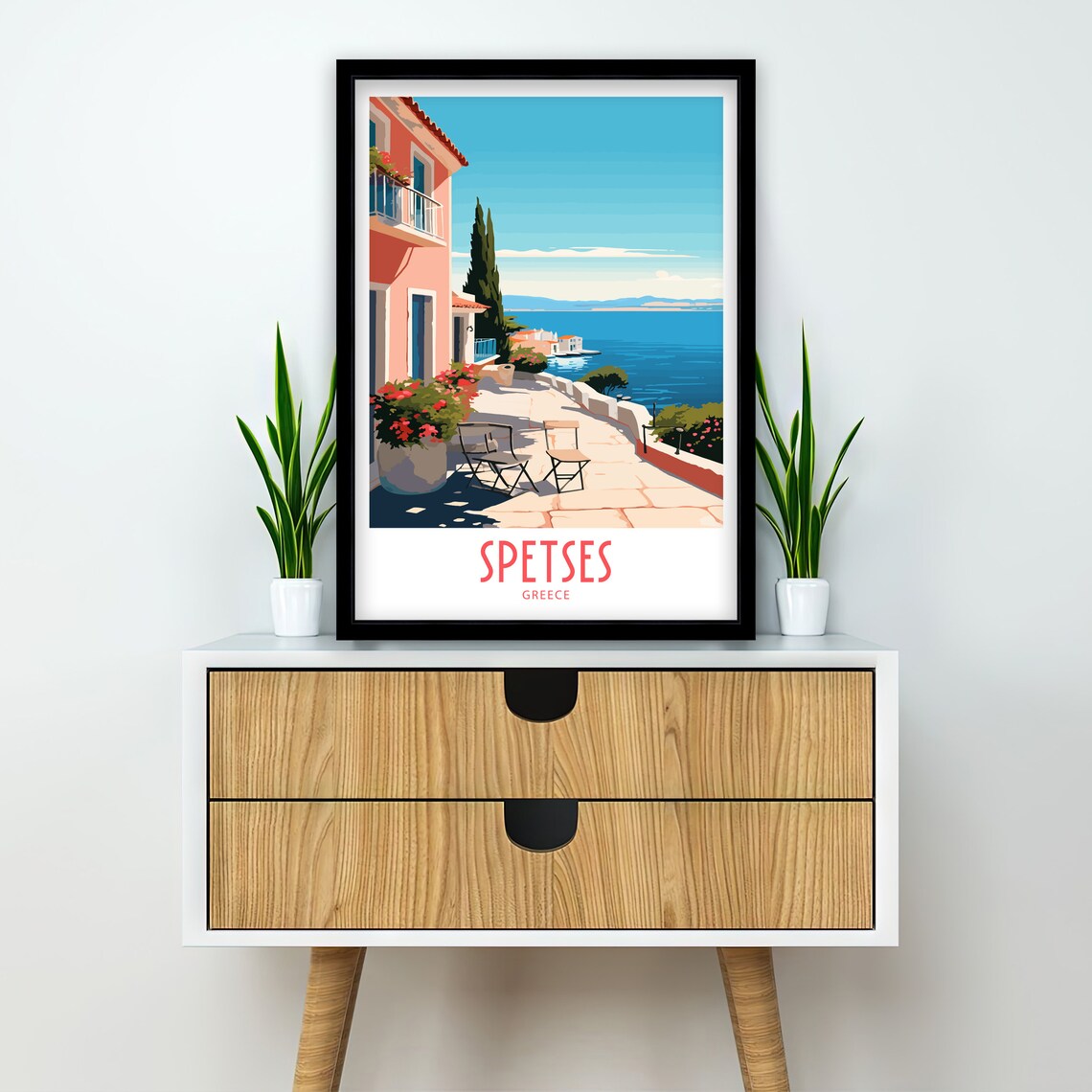 Spetses Greece Sunny Pink Terrace Sea View Retro Travel Poster - Image 2