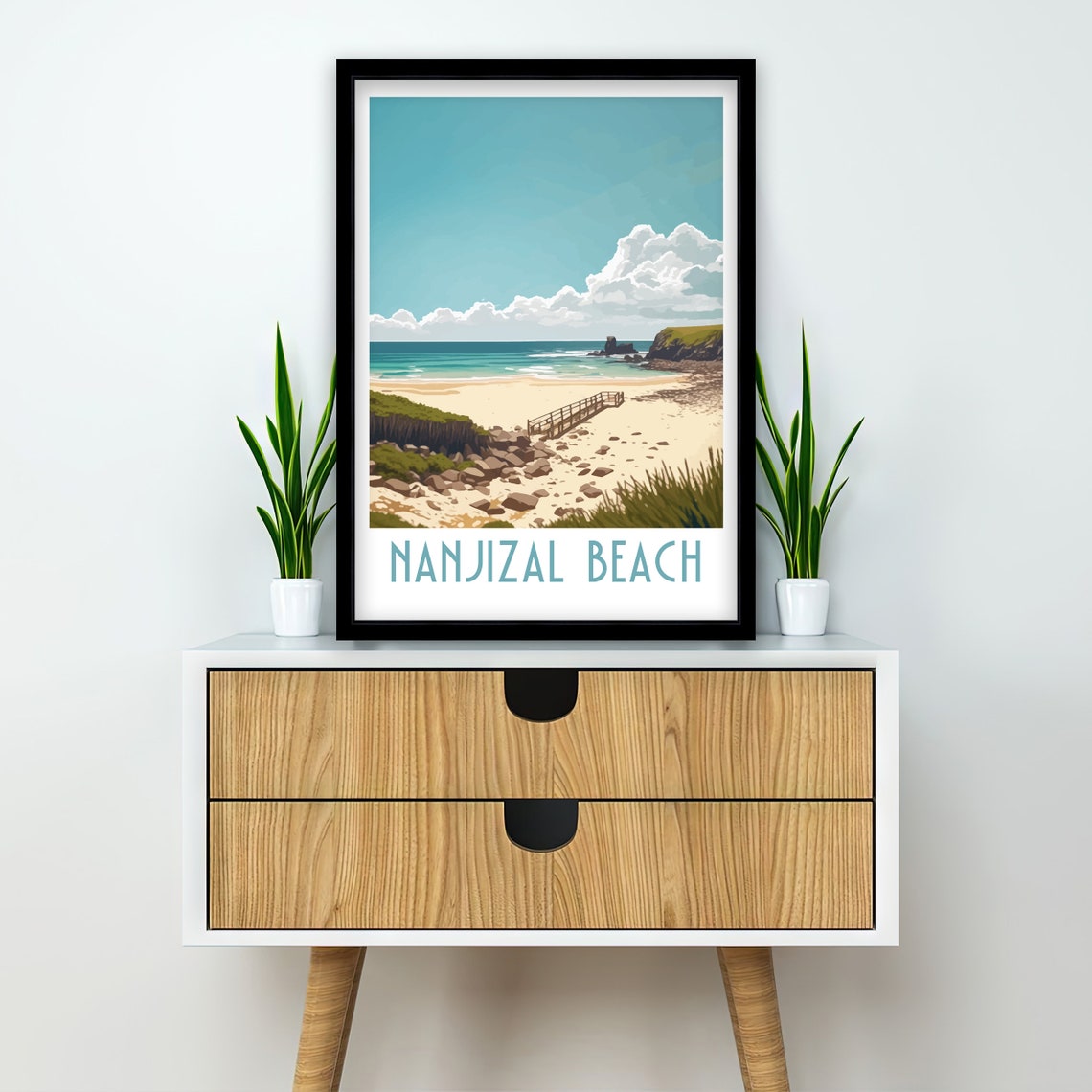 Nanjizal Beach Cornwall Sandy Shore Footbridge Rocks Retro Art Poster - Image 2