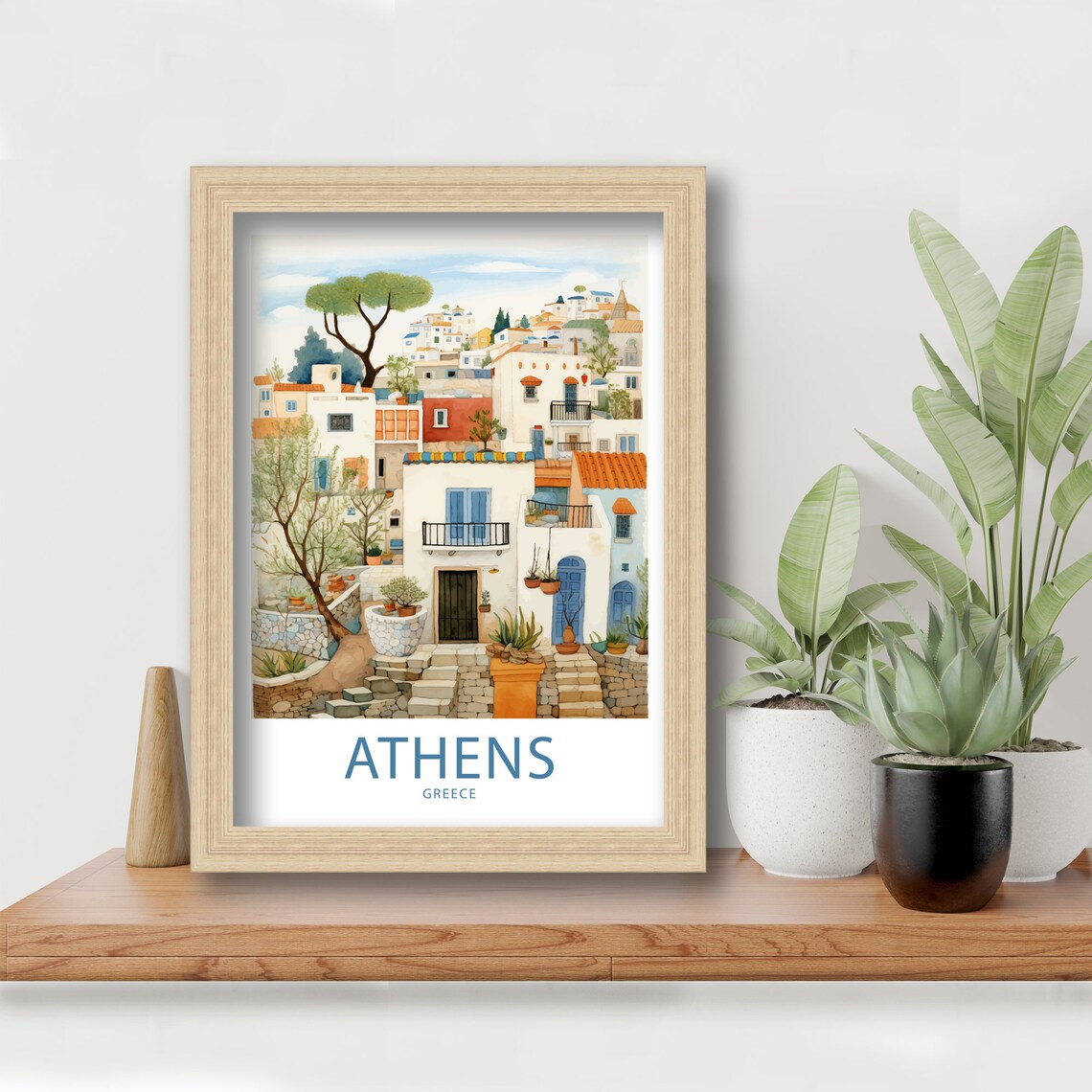 Athens Greece Whitewashed Village Lane Watercolor Travel Poster - Image 6