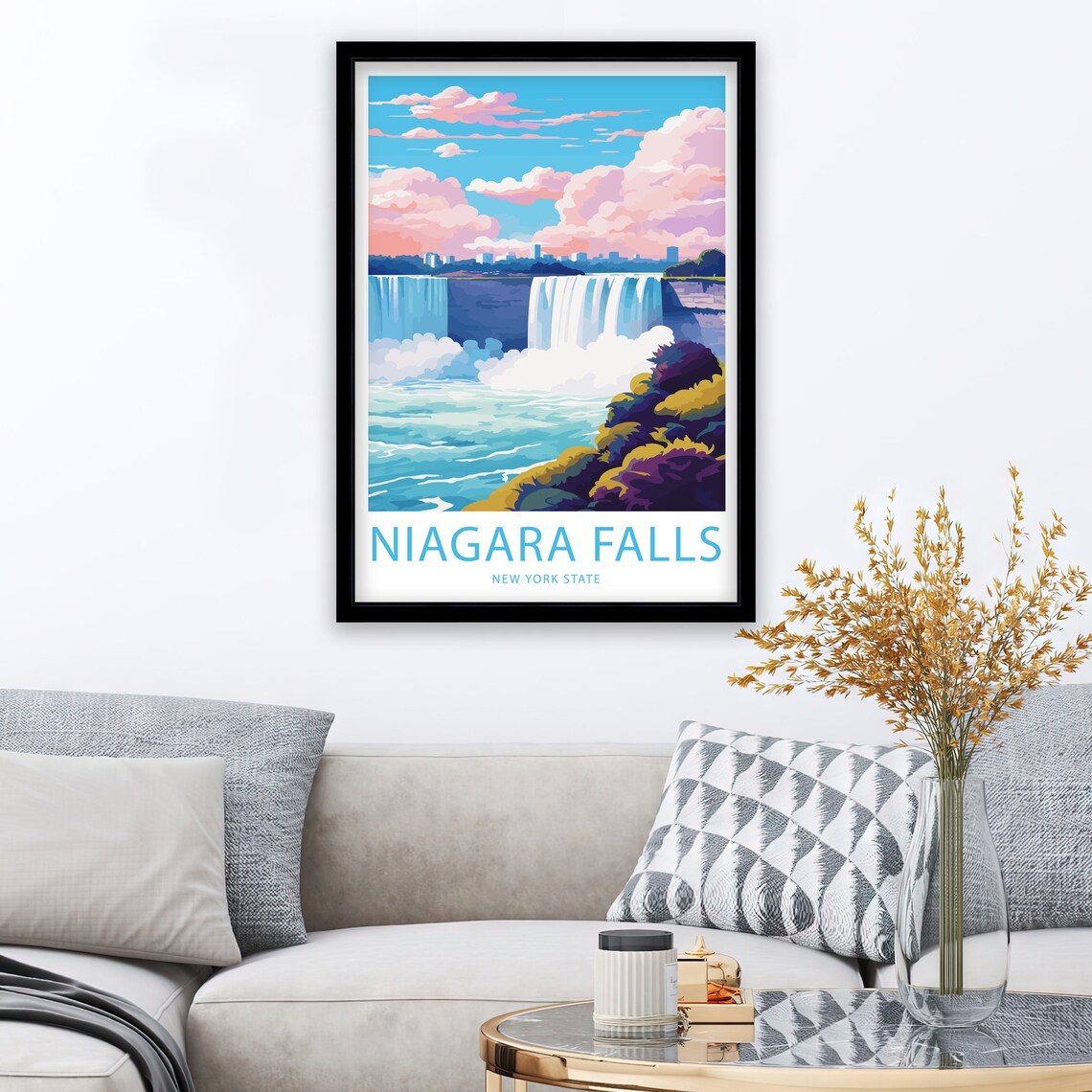Niagara Falls New York State Falls Pink Sky Illustrated Travel Poster - Image 2