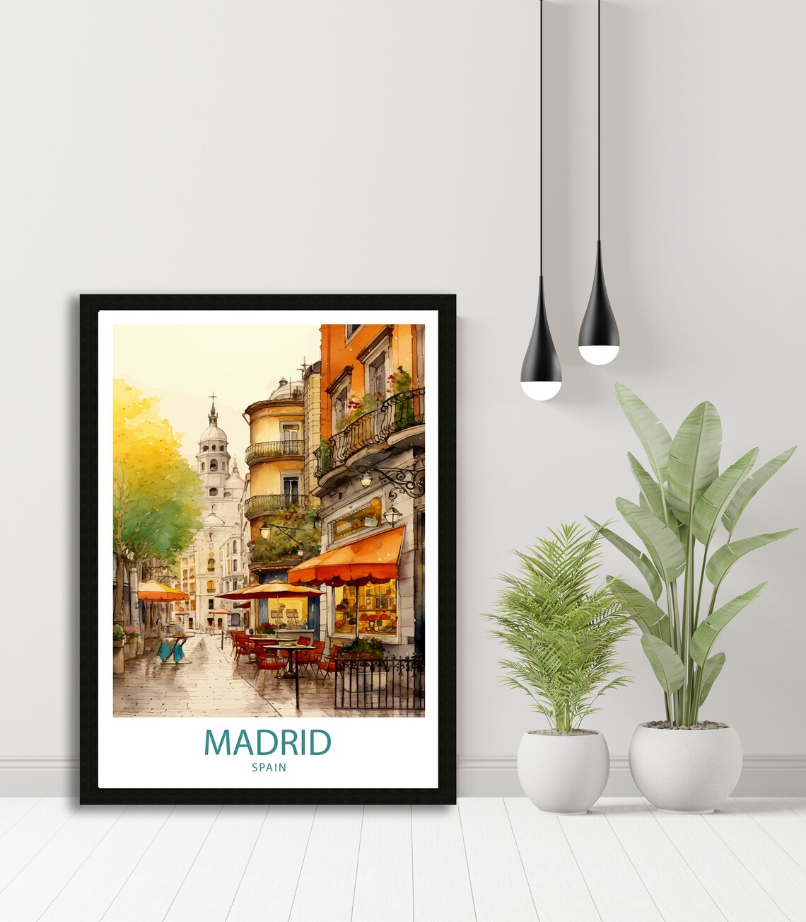Madrid Spain Watercolor Cafe Street with Church Spire Art Poster - Image 3