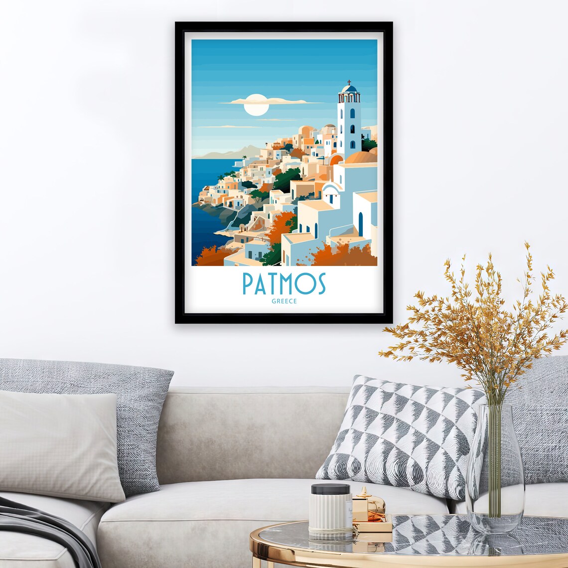 Patmos Greece Hillside Town Bell Tower Moon Over Sea Travel Art Poster - Image 3
