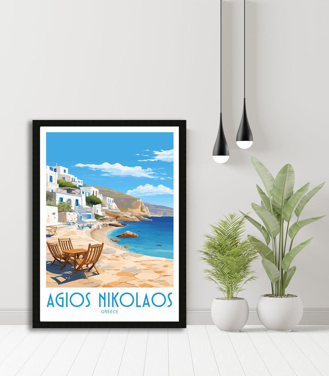 Agios Nikolaos Greece Sunny Beach Taverna Hillside Travel Poster - Image 5