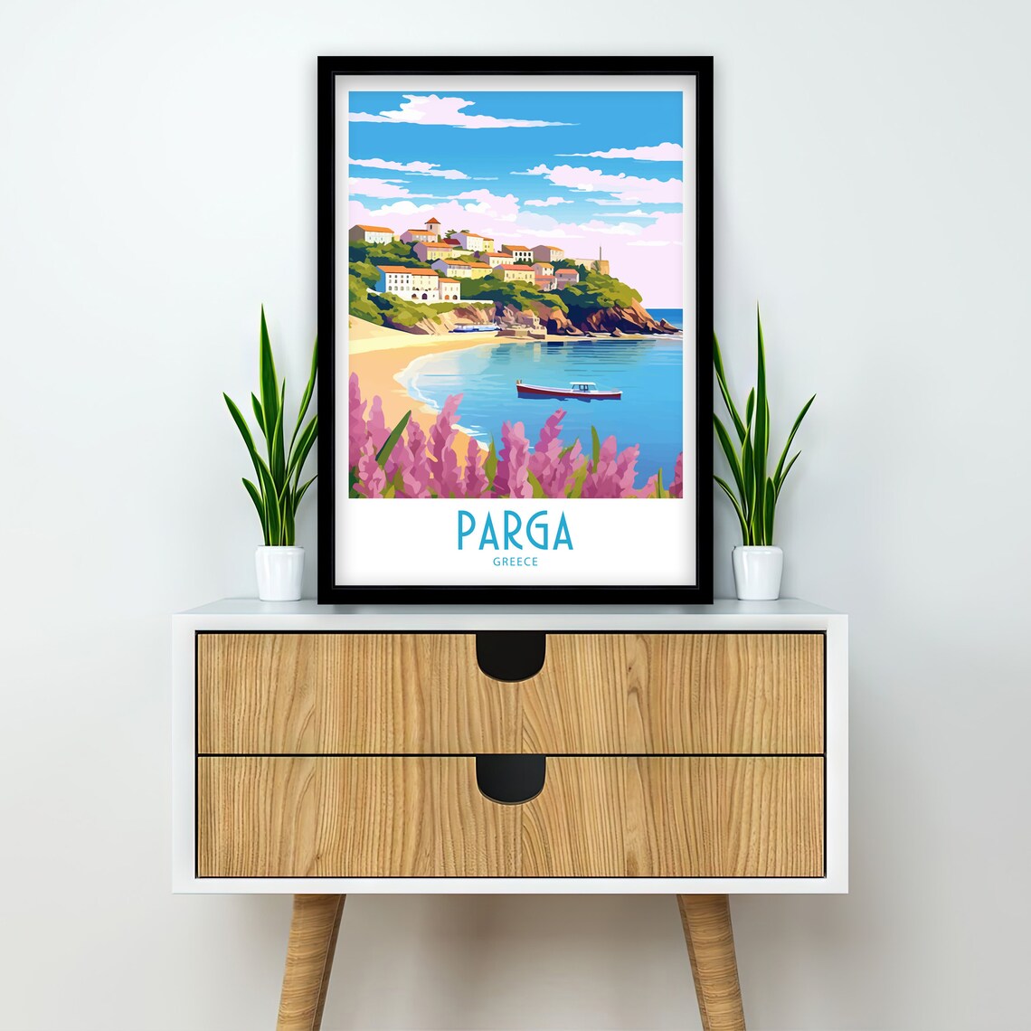 Parga Greece Sandy Beach Pink Flowers Hillside Town Travel Art Poster - Image 2