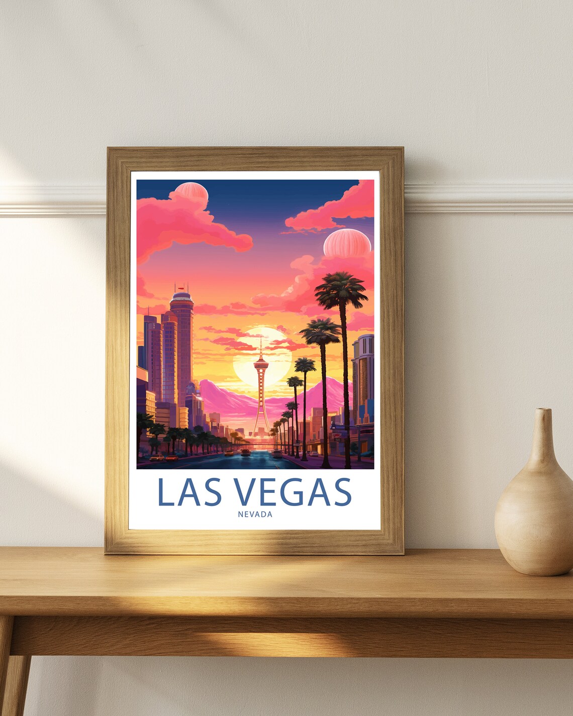 Las Vegas Nevada Sunset STRAT Tower Palm Trees Pink Sky Art Poster - Image 4