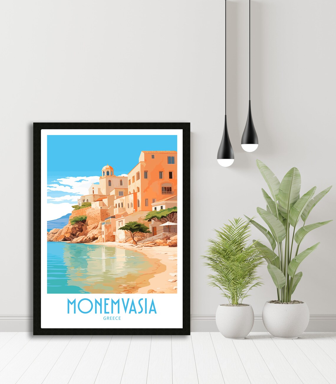 Monemvasia Greece Medieval Coastal Cliff Town Sea Cove Travel Poster - Image 5
