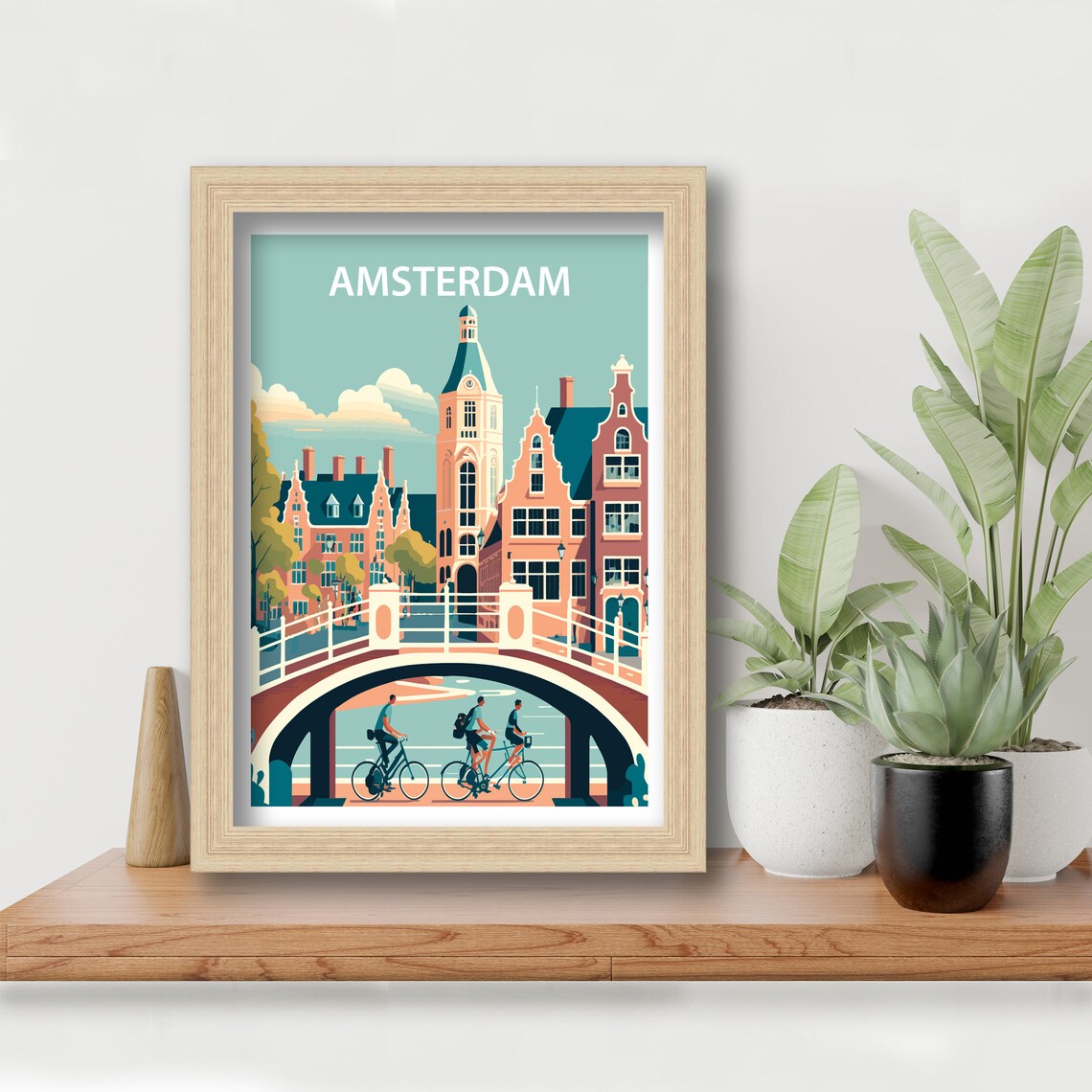Amsterdam Canal Bridge Cyclists Church Tower Pastel Travel Poster - Image 5